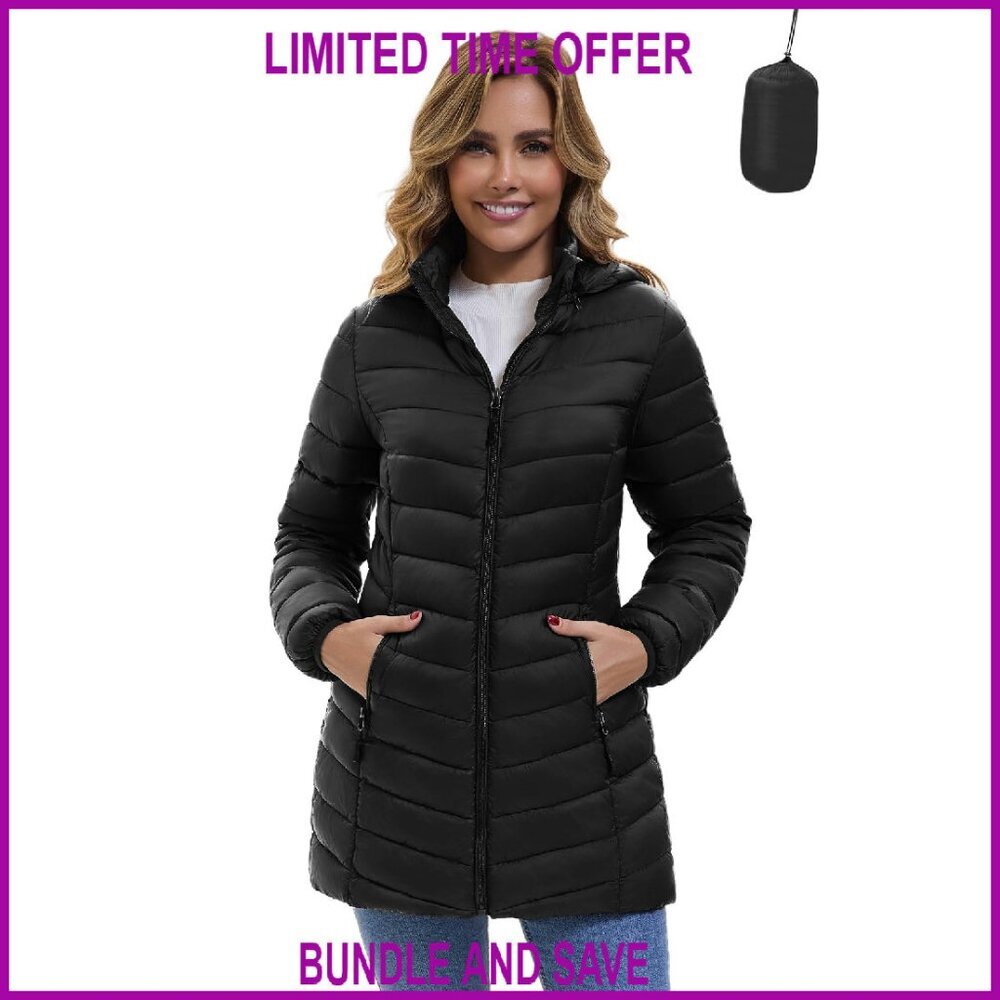 Women's Lightweight Packable Puffer Jacket with Detachable Hood Mid-Length